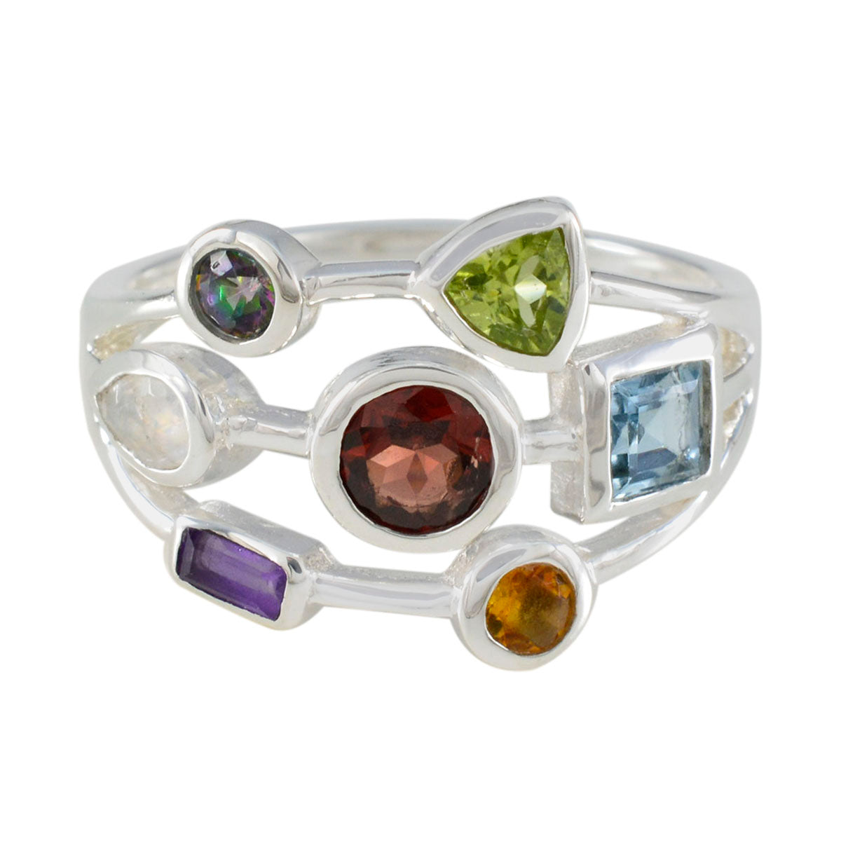Multi Stone Hepta Russian Sterling Silver multicolor Gemstone Featherlight Cocktail Ring Jewellery Immagine principale del prodotto