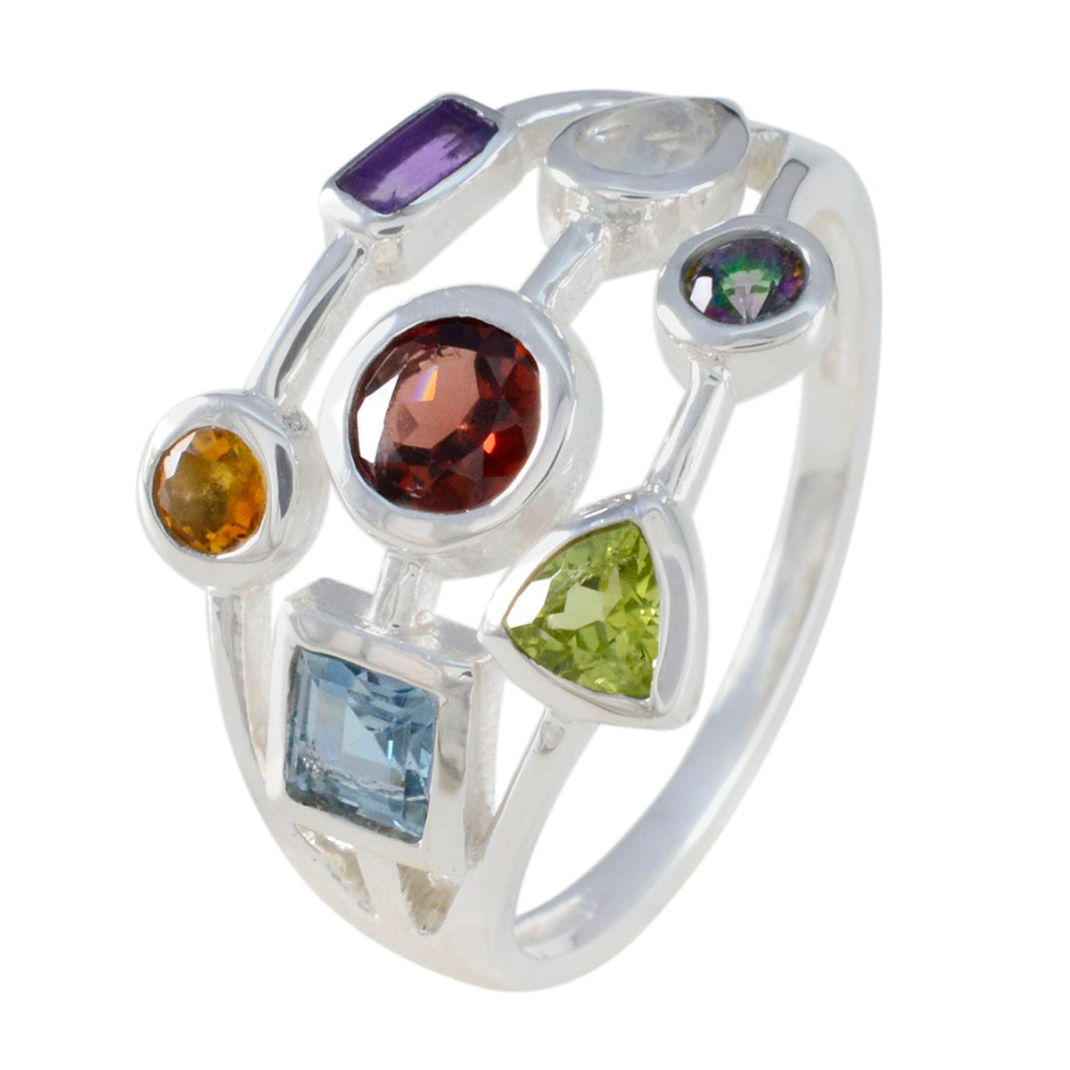 Multi Stone Hepta Russian Sterling Silver multicolor Gemstone Featherlight Cocktail Ring Jewellery