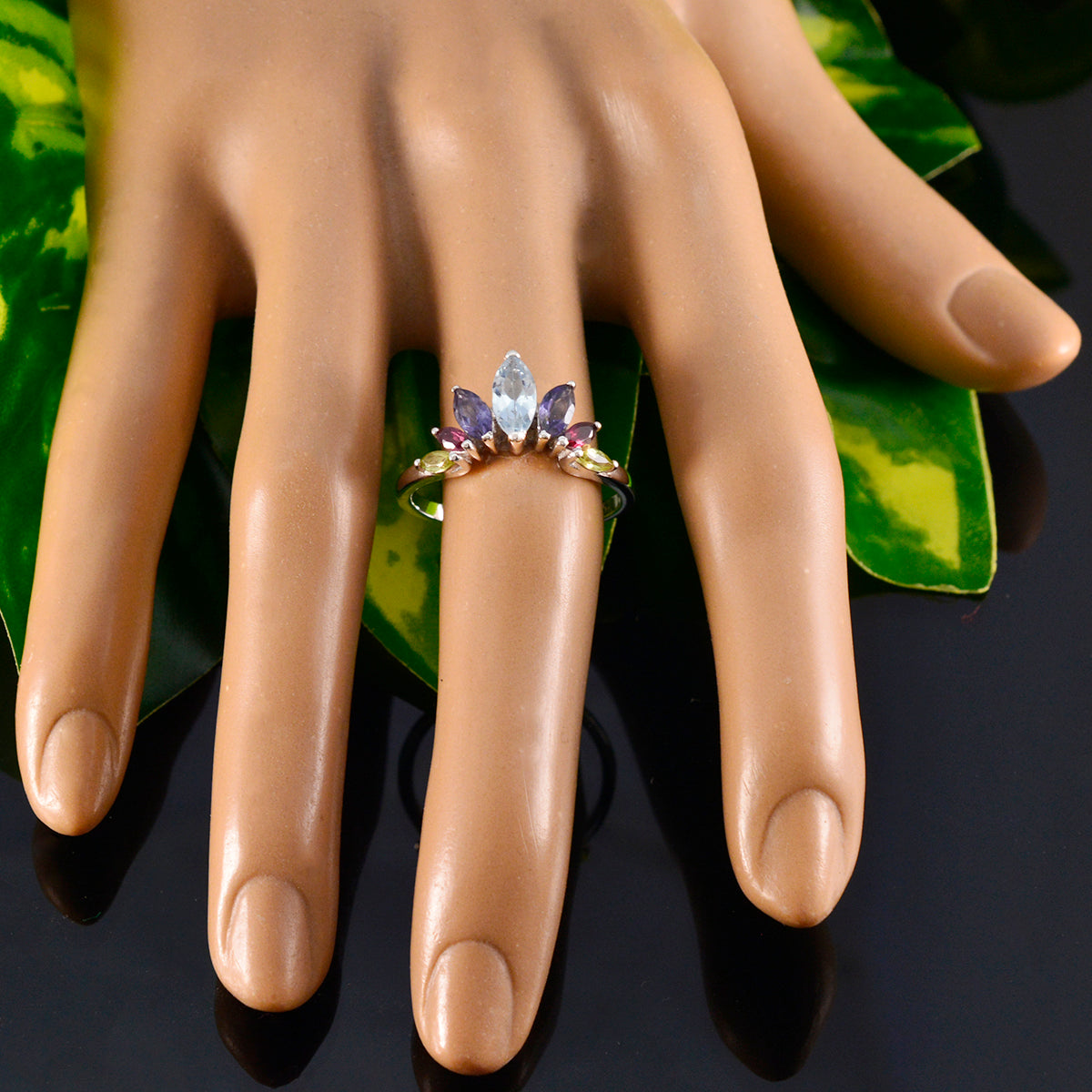 Multi Stone Hepta Japanese 925 Sterling Silver multicolor Gems Dainty crown Ring Jewelry