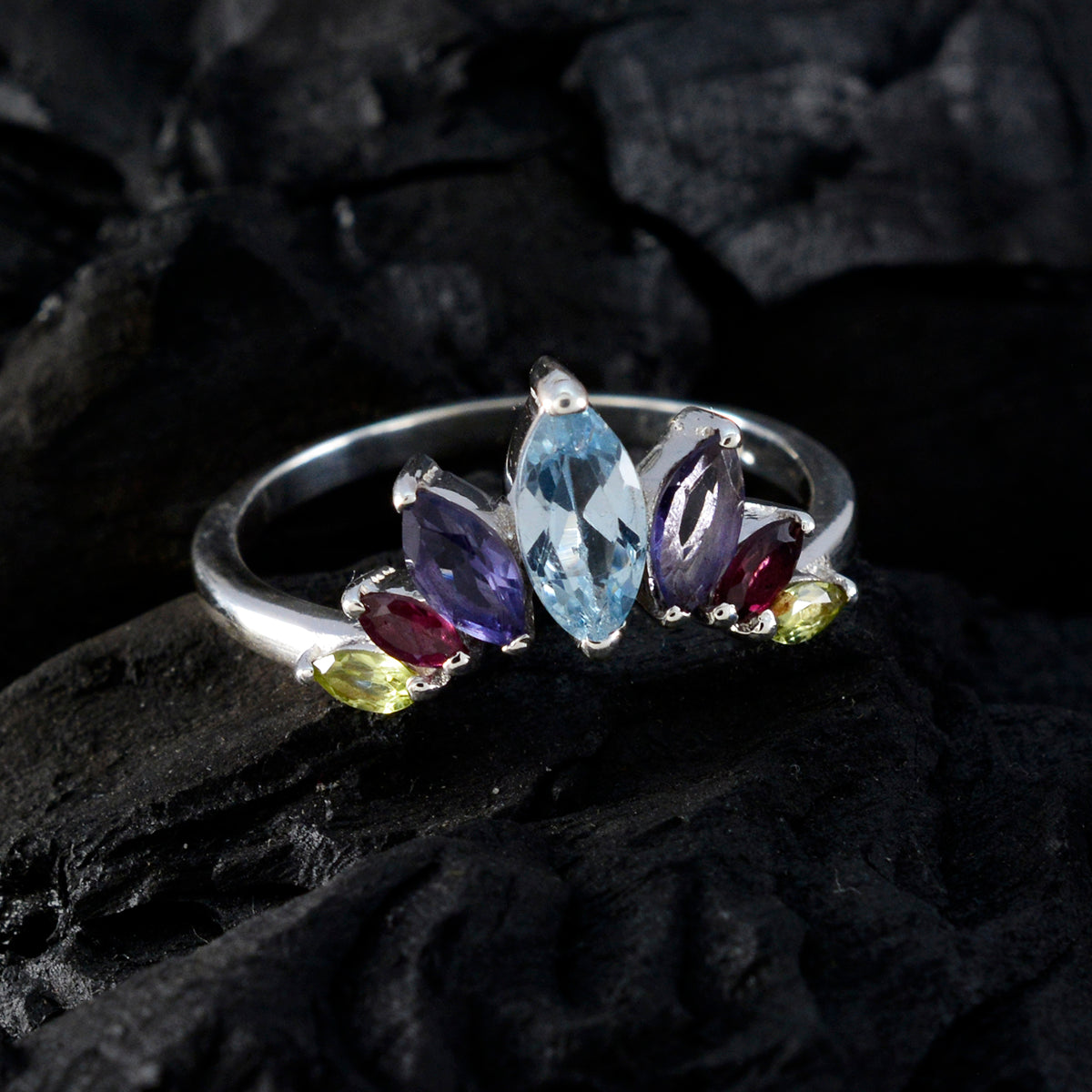 Multi Stone Hepta Japanese 925 Sterling Silver multicolor Gems Dainty crown Ring Jewelry