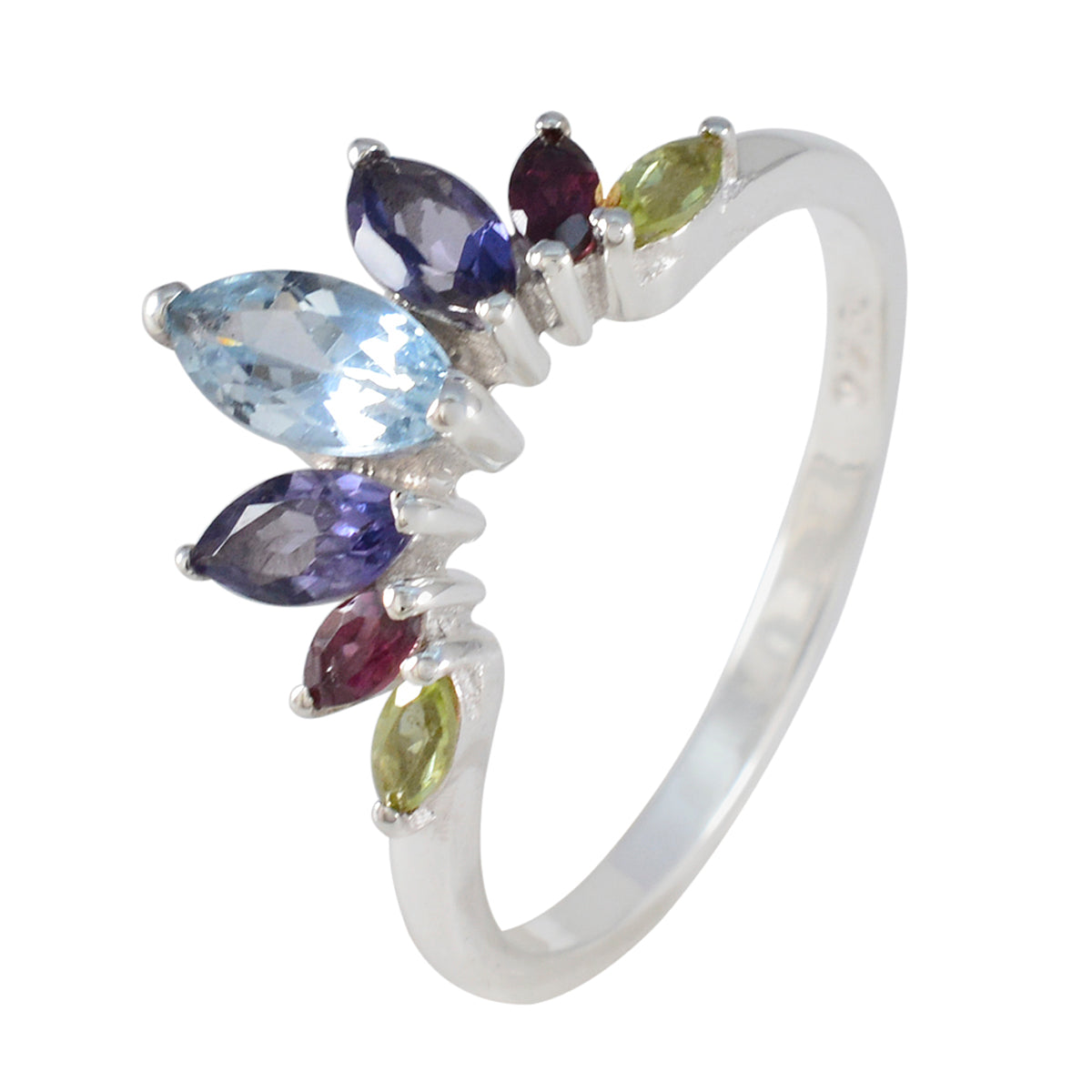 Multi Stone Hepta Japanese 925 Sterling Silver multicolor Gems Dainty crown Ring Jewelry