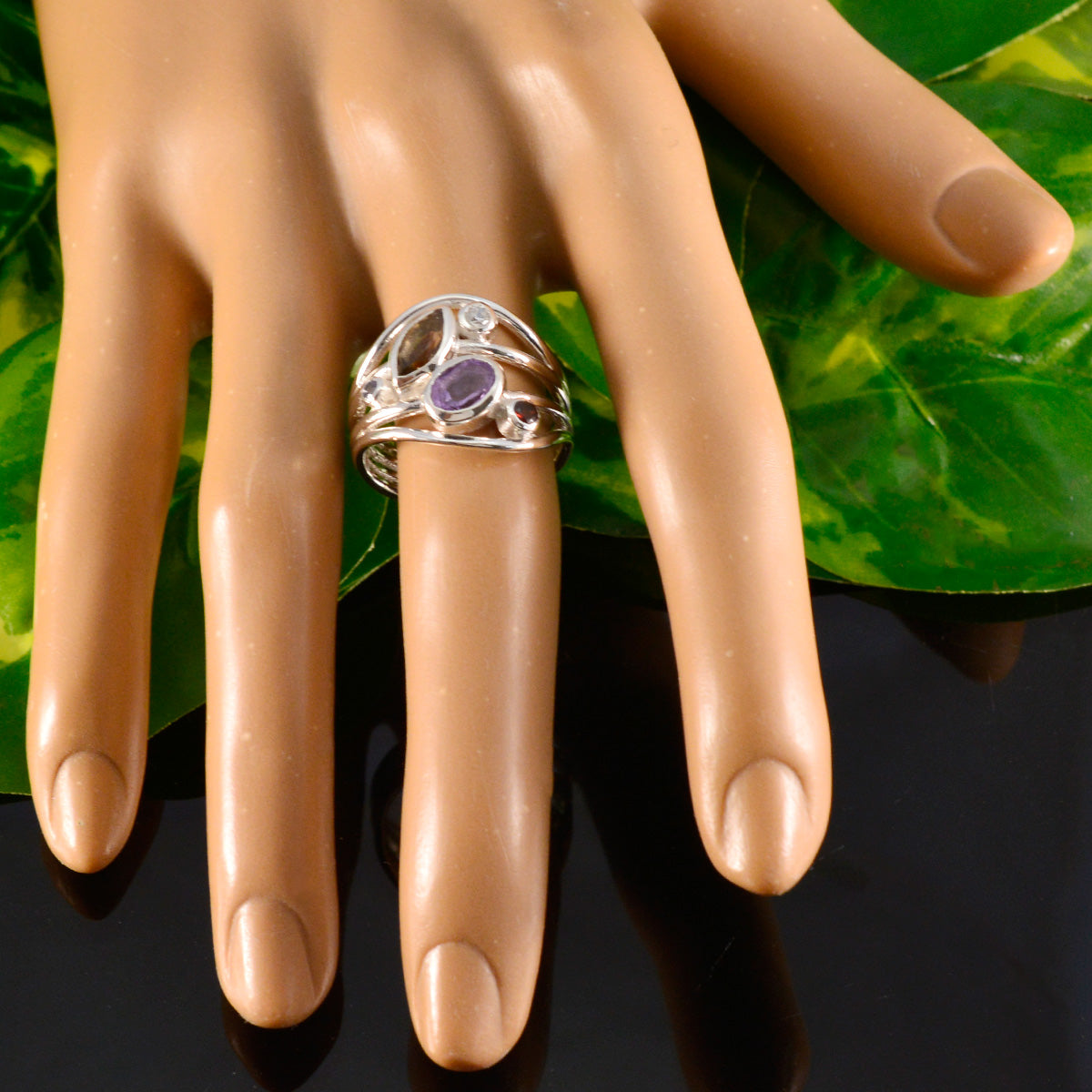 Multi Stone Penta Egyptian Sterling Silver multicolor Gemstone Eye catching Trendy Ring Jewelry