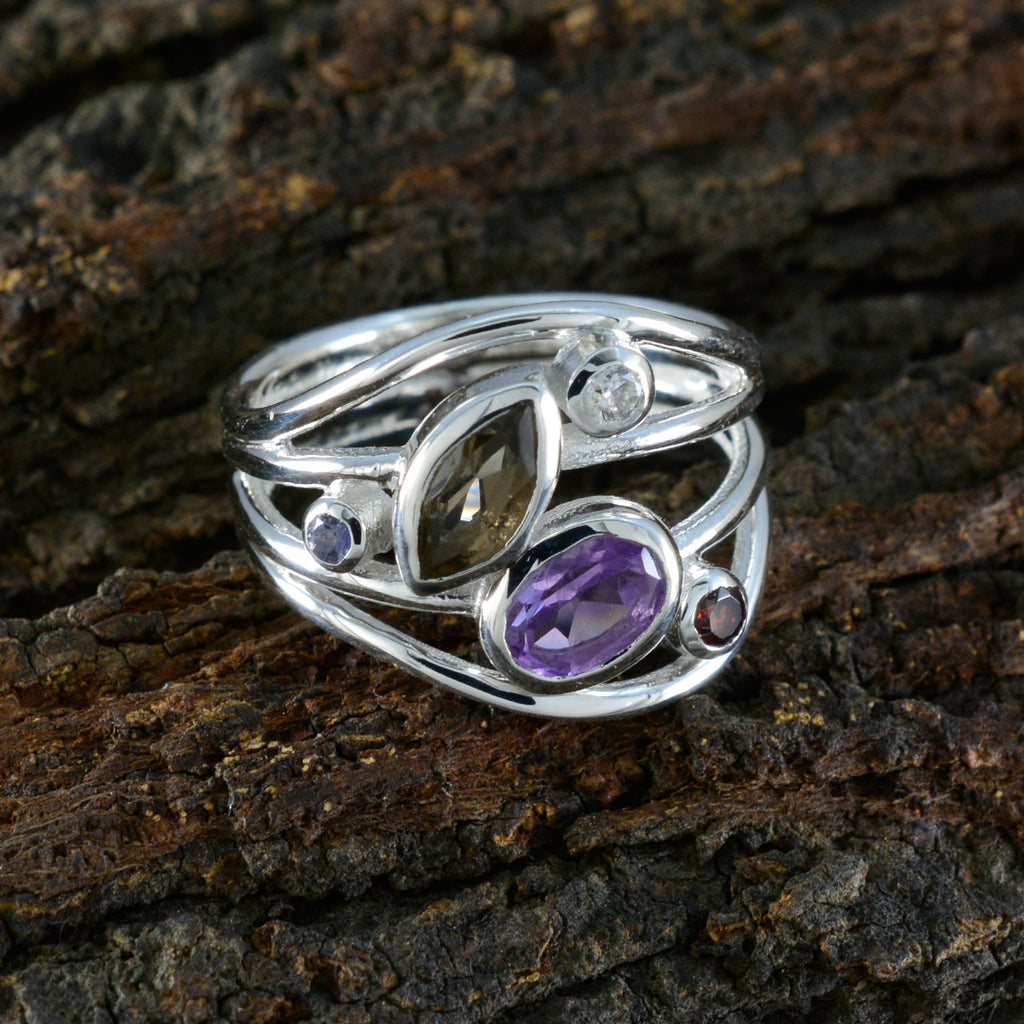 Multi Stone Penta Egyptian Sterling Silver multicolor Gemstone Eye catching Trendy Ring Jewelry