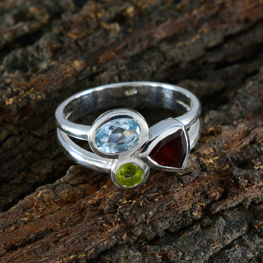 Multi Stone Trilogy French 925 Silver multicolor Gemstones Minimal Boho Ring Jewellery