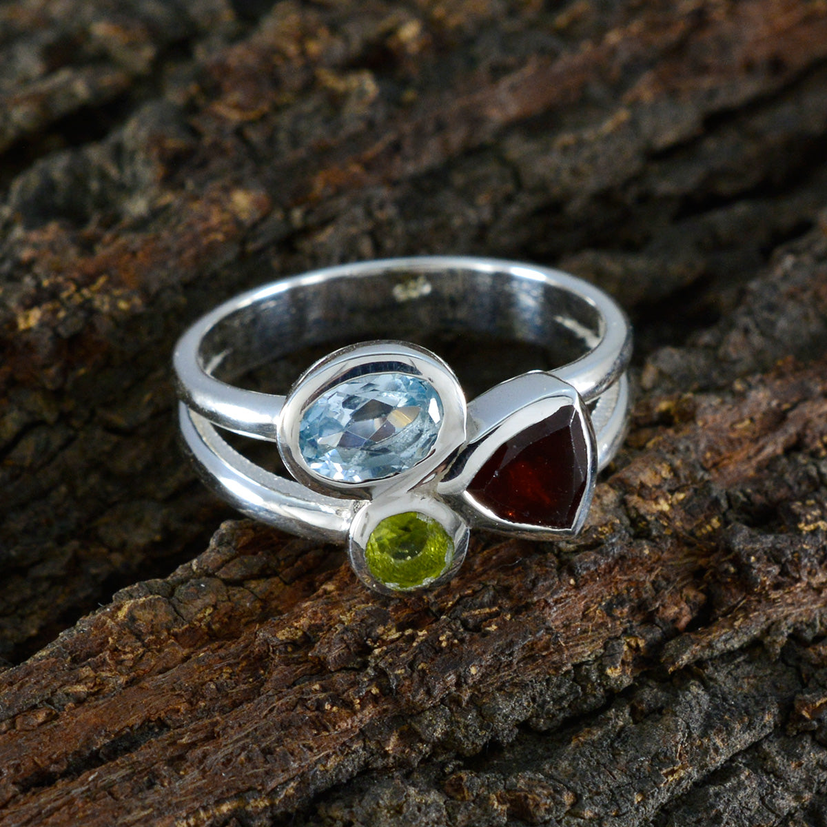 Multi Stone Trilogy French 925 Silver multicolor Gemstones Minimal Boho Ring Jewellery