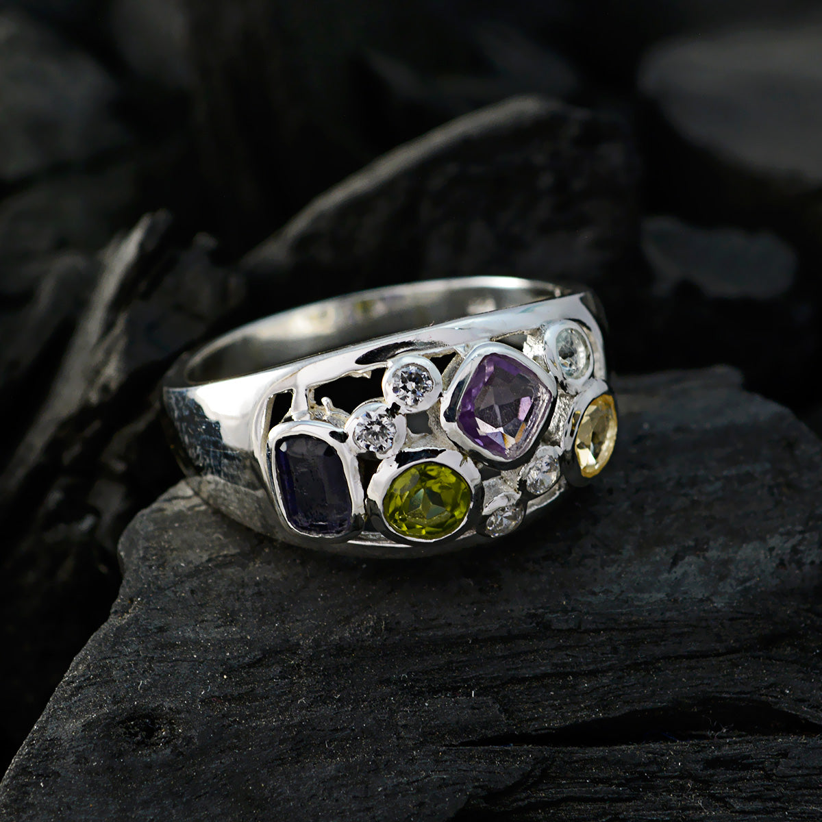 Multi Stone quarter Egyptian 925 Silver multicolor Gemstone Eye catching Modern Ring Jewelry