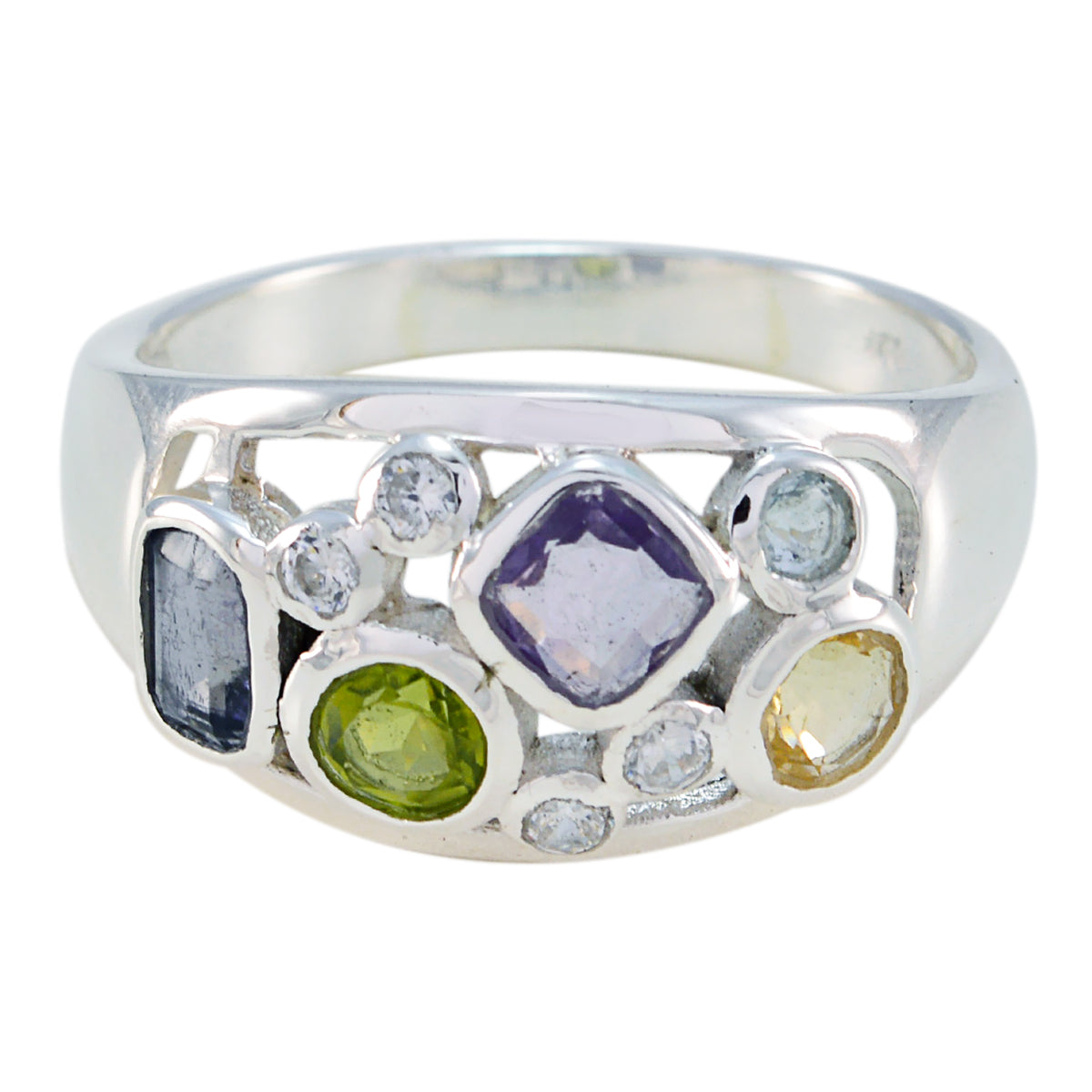 Multi Stone quarter Egyptian 925 Silver multicolor Gemstone Eye catching Modern Ring Jewelry