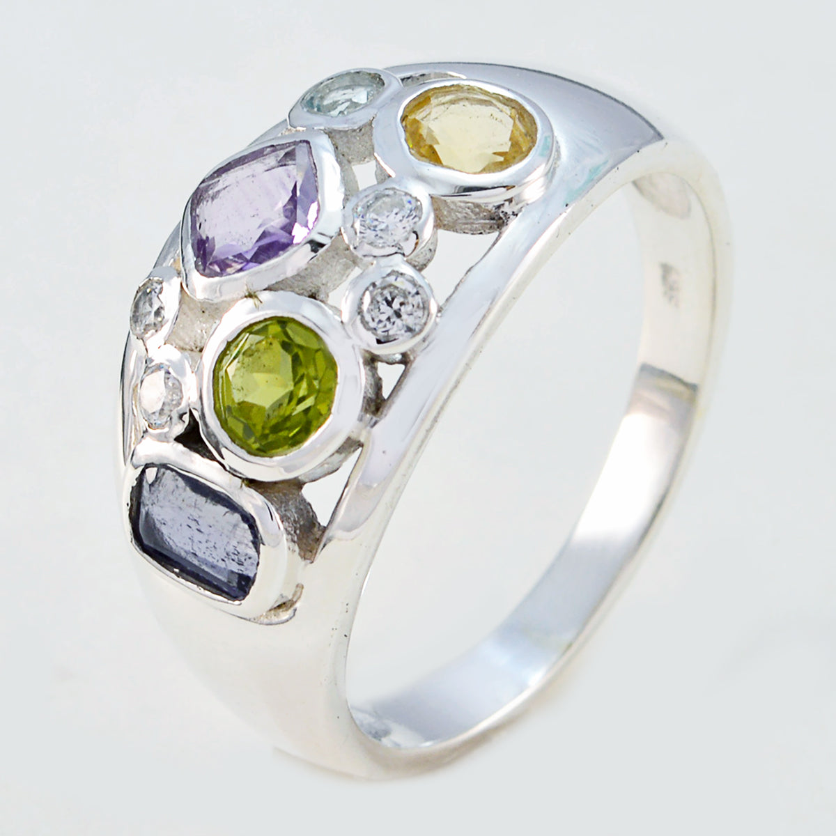 Multi Stone quarter Egyptian 925 Silver multicolor Gemstone Eye catching Modern Ring Jewelry