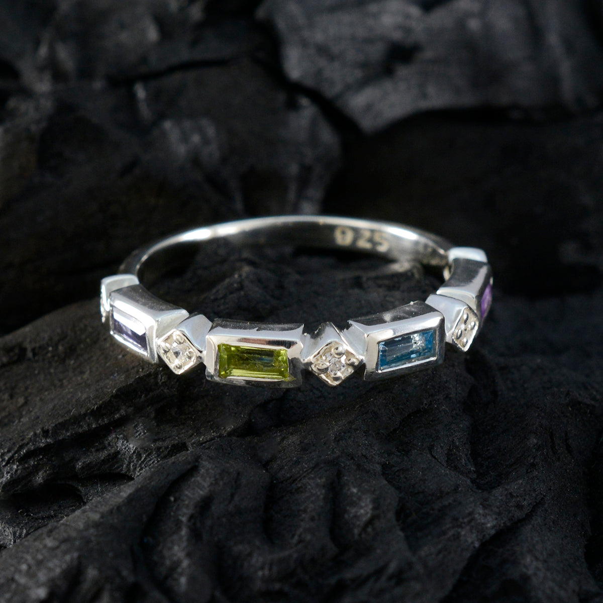 Multi Stone quarter Japanese 925 Sterling Silver multicolor Gemstone Dainty Trendy Band Jewelry