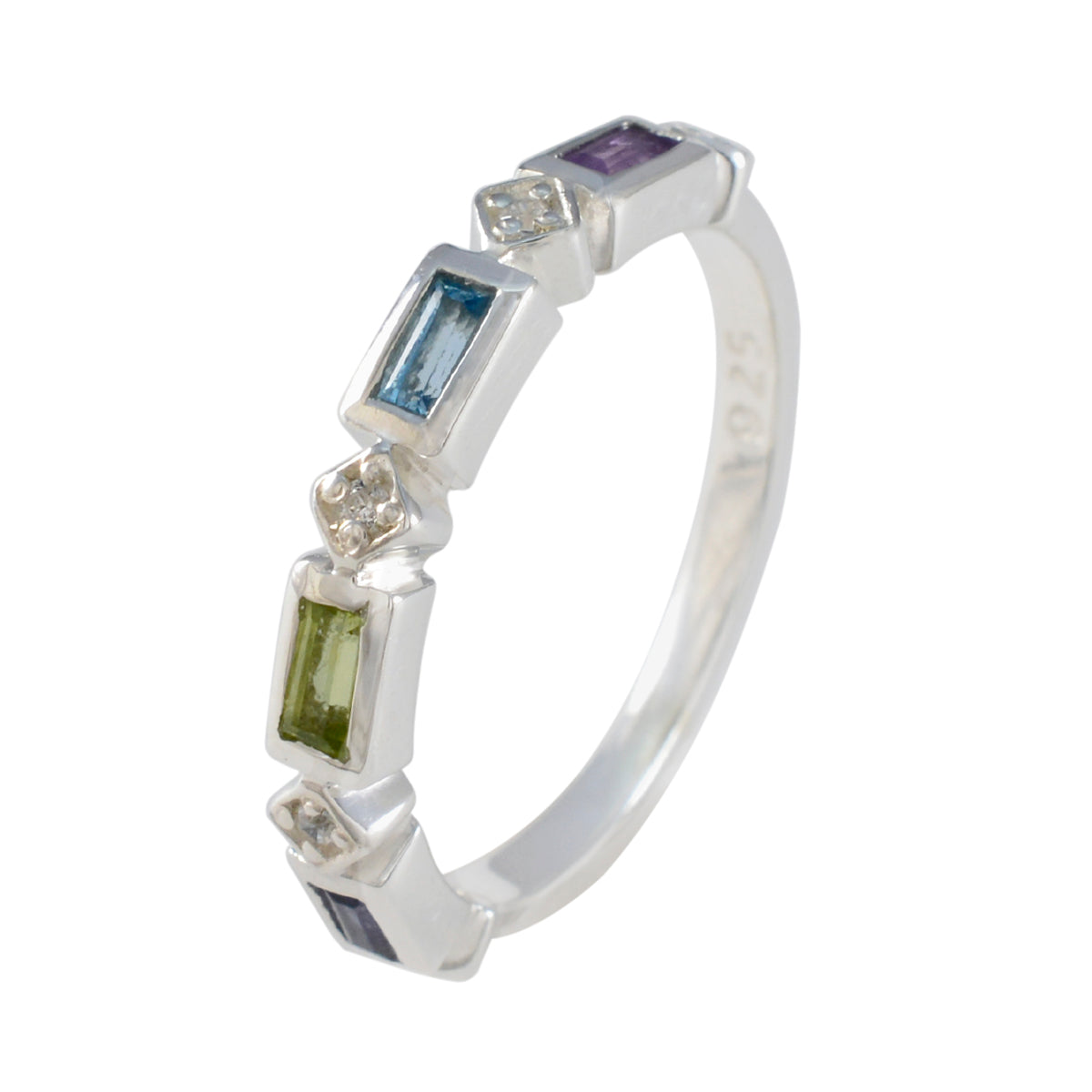 Multi Stone quarter Japanese 925 Sterling Silver multicolor Gemstone Dainty Trendy Band Jewelry