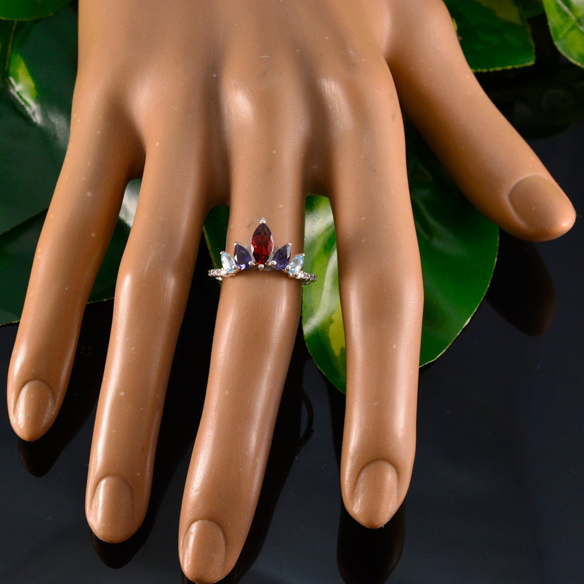 Multi Stone Penta Korean 925 Sterling Silver multicolor Gemstone Elegant  crown Ring Jewelry