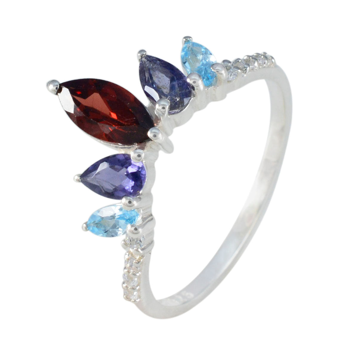 Multi Stone Penta Korean 925 Sterling Silver multicolor Gemstone Elegant  crown Ring Jewelry