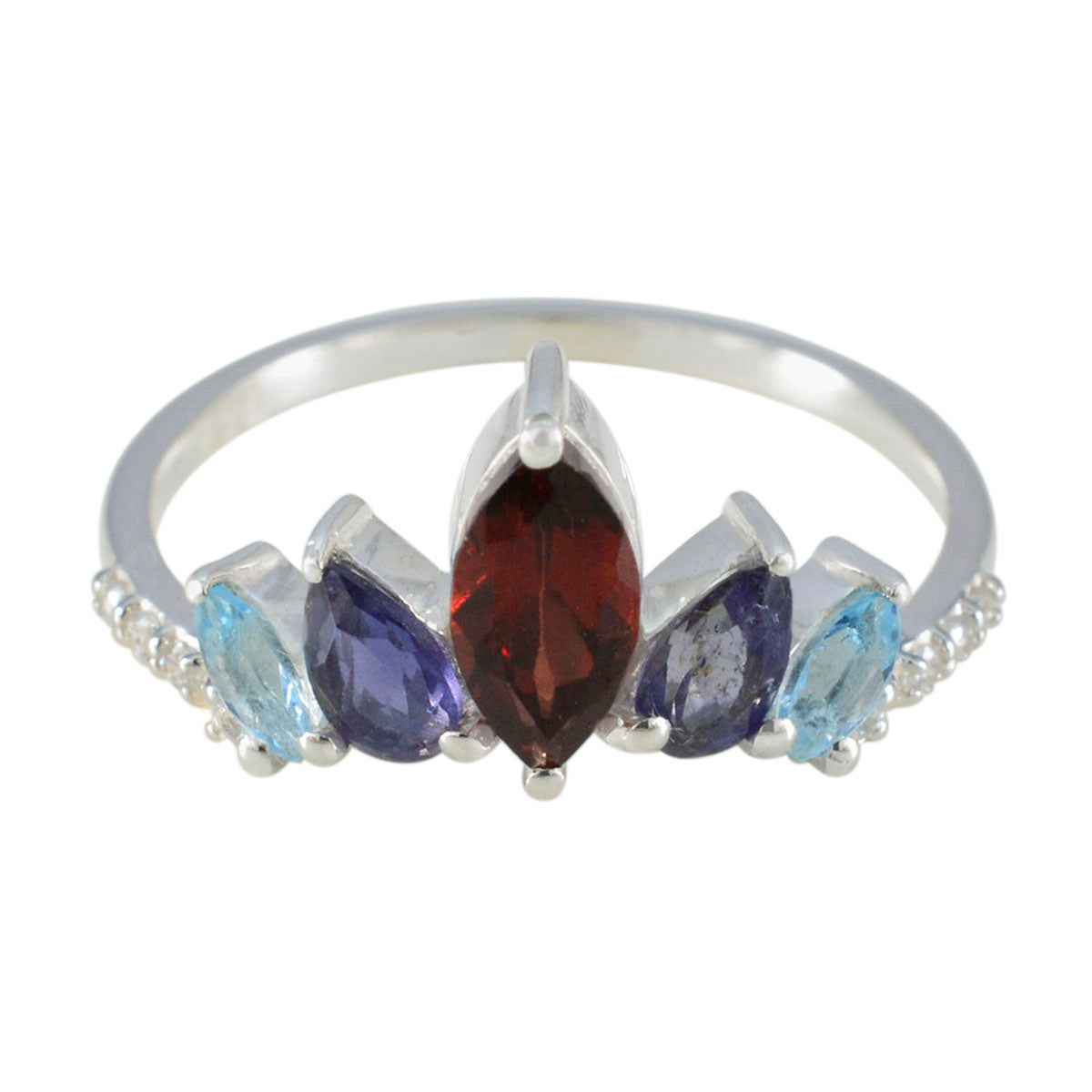Multi Stone Penta Korean 925 Sterling Silver multicolor Gemstone Elegant  crown Ring Jewelry