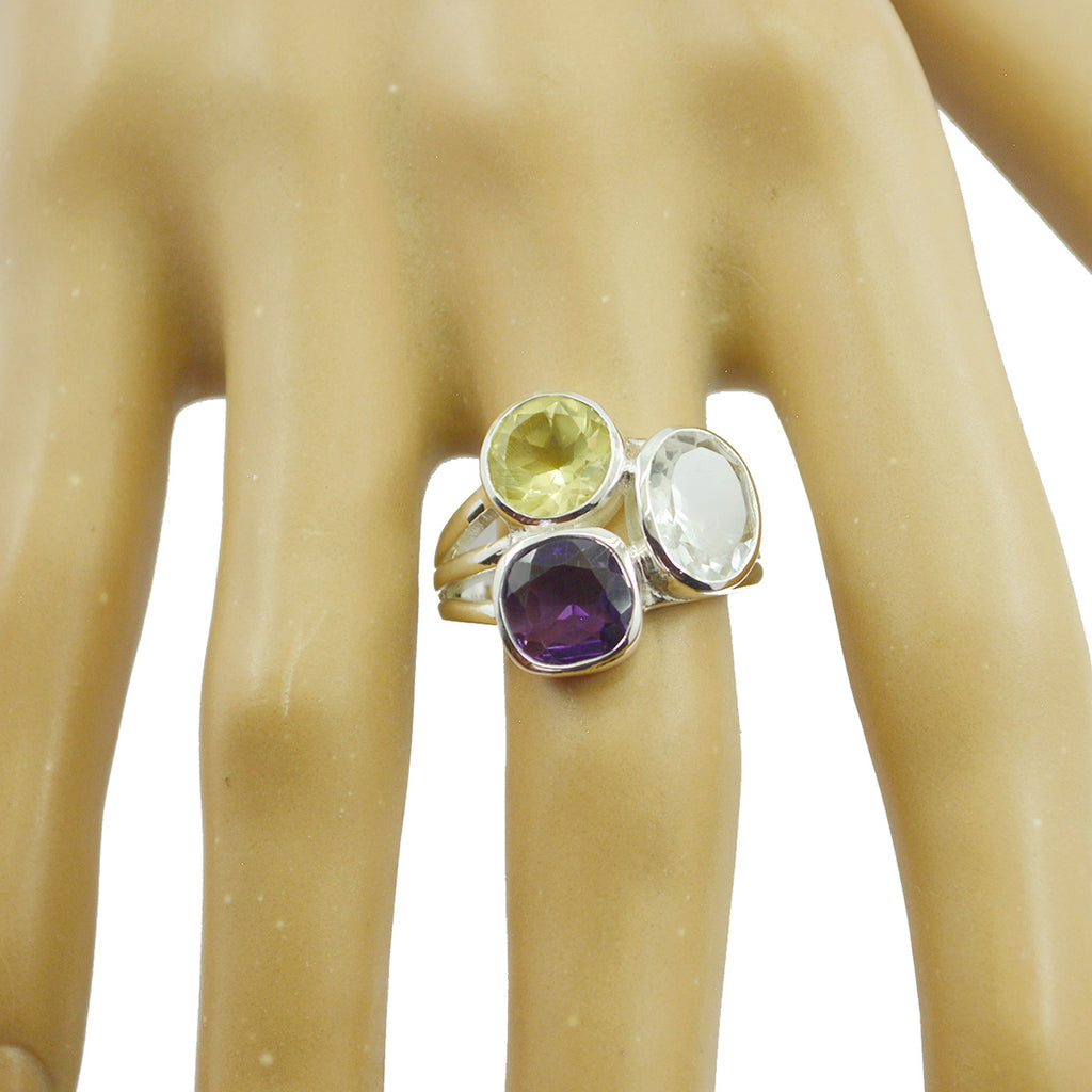 Multi Stone Trilogy German 925 Silver multicolor Gemstones Mid weight Cocktail Ring Jewellery