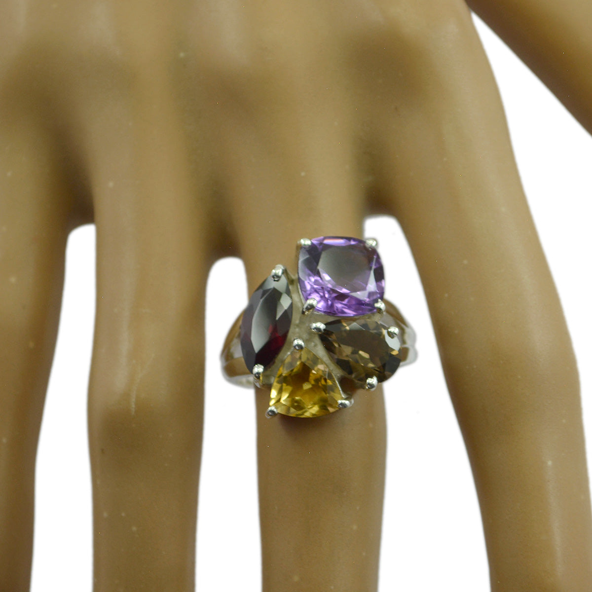 Bague cocktail polyvalente en argent sterling russe avec pierres multicolores et quart de diamant Image secondaire du produit