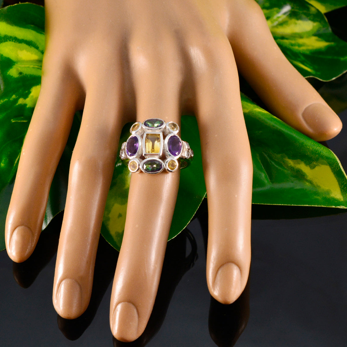 Multi Stone Navratna Russian Sterling Silver multicolor Gems Classic Cocktail Ring Jewellery