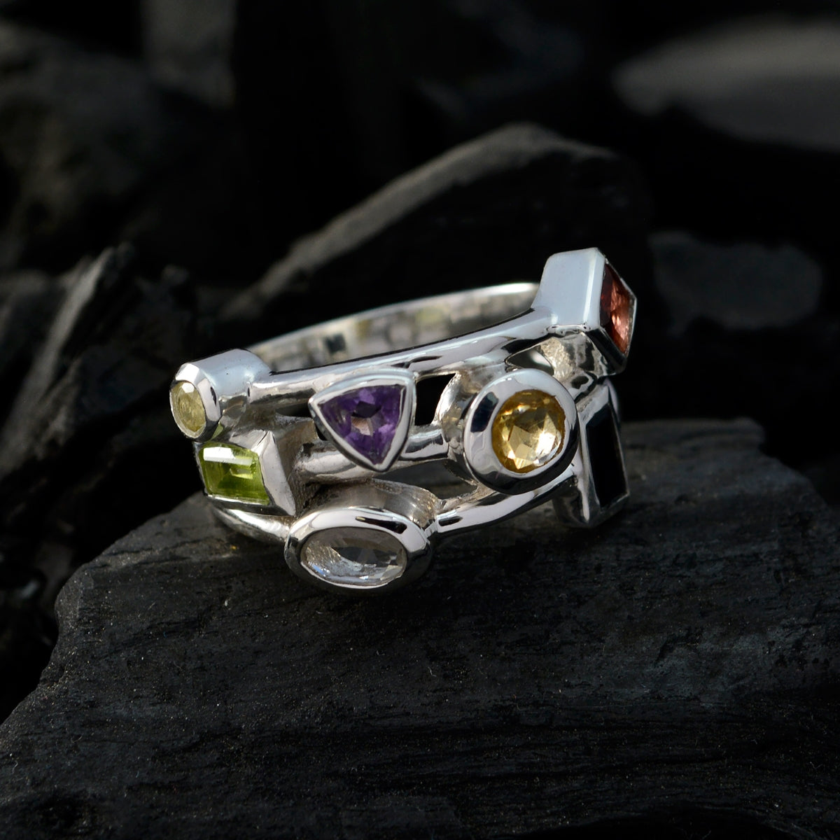 Multi Stone multiple French 925 Silver multicolor Gemstone Versatile Cocktail Ring Jewellery