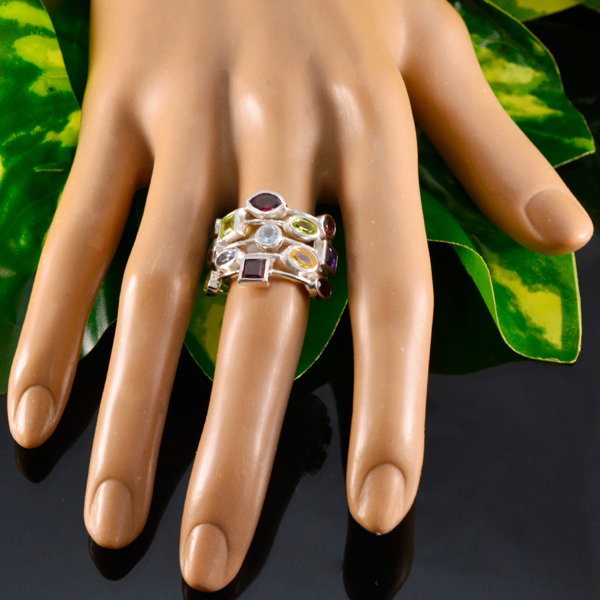 Multi Stone multiple Russian 92.5 Silver multicolor Gems Eye catching Cocktail Ring Jewellery