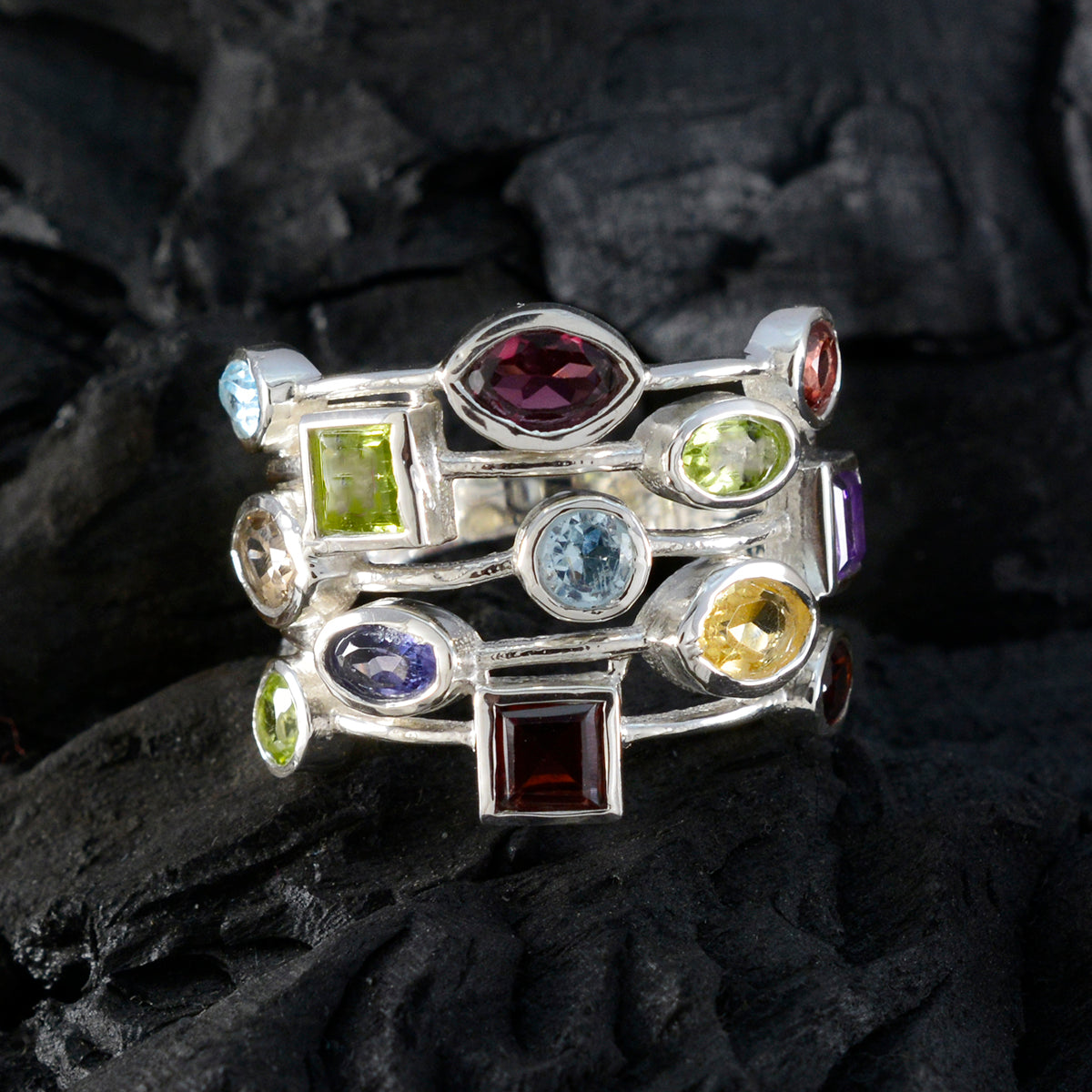 Multi Stone multiple Russian 92.5 Silver multicolor Gems Eye catching Cocktail Ring Jewellery