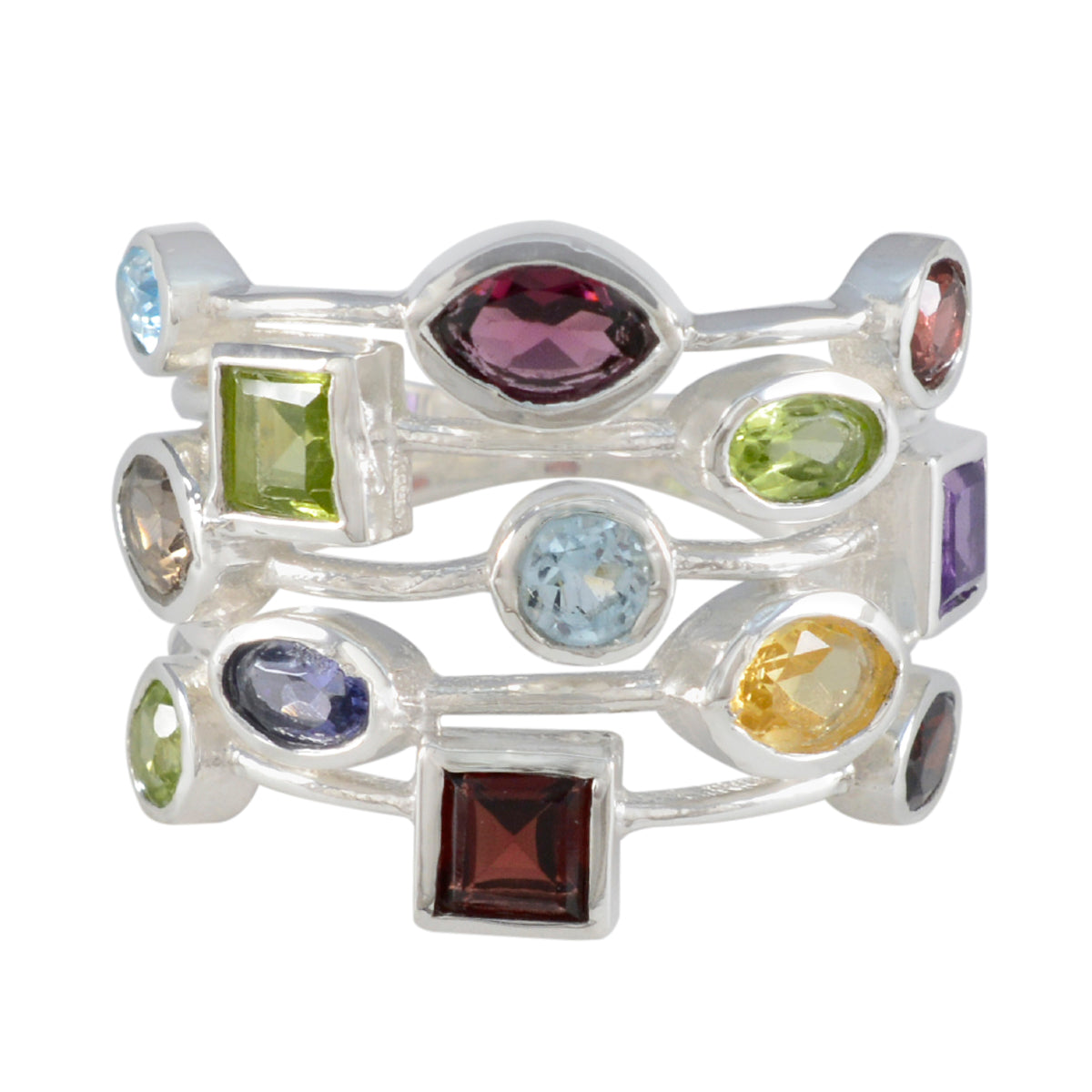 Multi Stone multiple Russian 92.5 Silver multicolor Gems Eye catching Cocktail Ring Jewellery