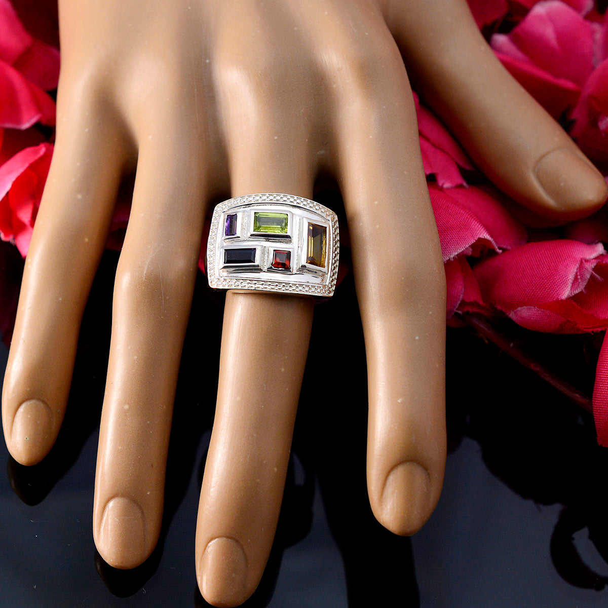 Multi Stone penta Moroccan 92.5 Silver multicolor Gems Versatile Cocktail Ring Jewelry