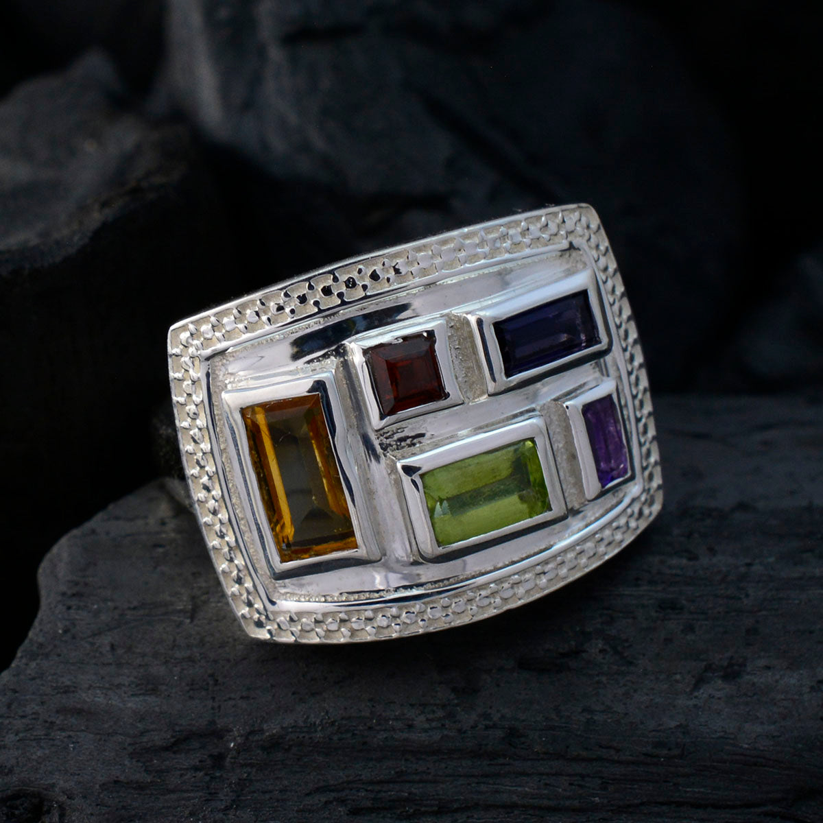 Multi Stone penta Moroccan 92.5 Silver multicolor Gems Versatile Cocktail Ring Jewelry