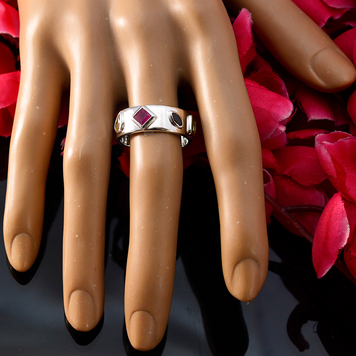 Multi Stone quarter German 925 Silver multicolor Gemstone Minimal Abstract Band Jewellery