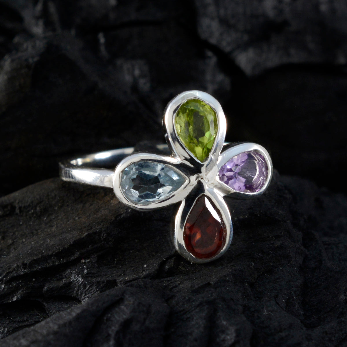 Multi Stone quarter Korean 925 Silver multicolor Gemstone Dainty Floral Ring Jewellery