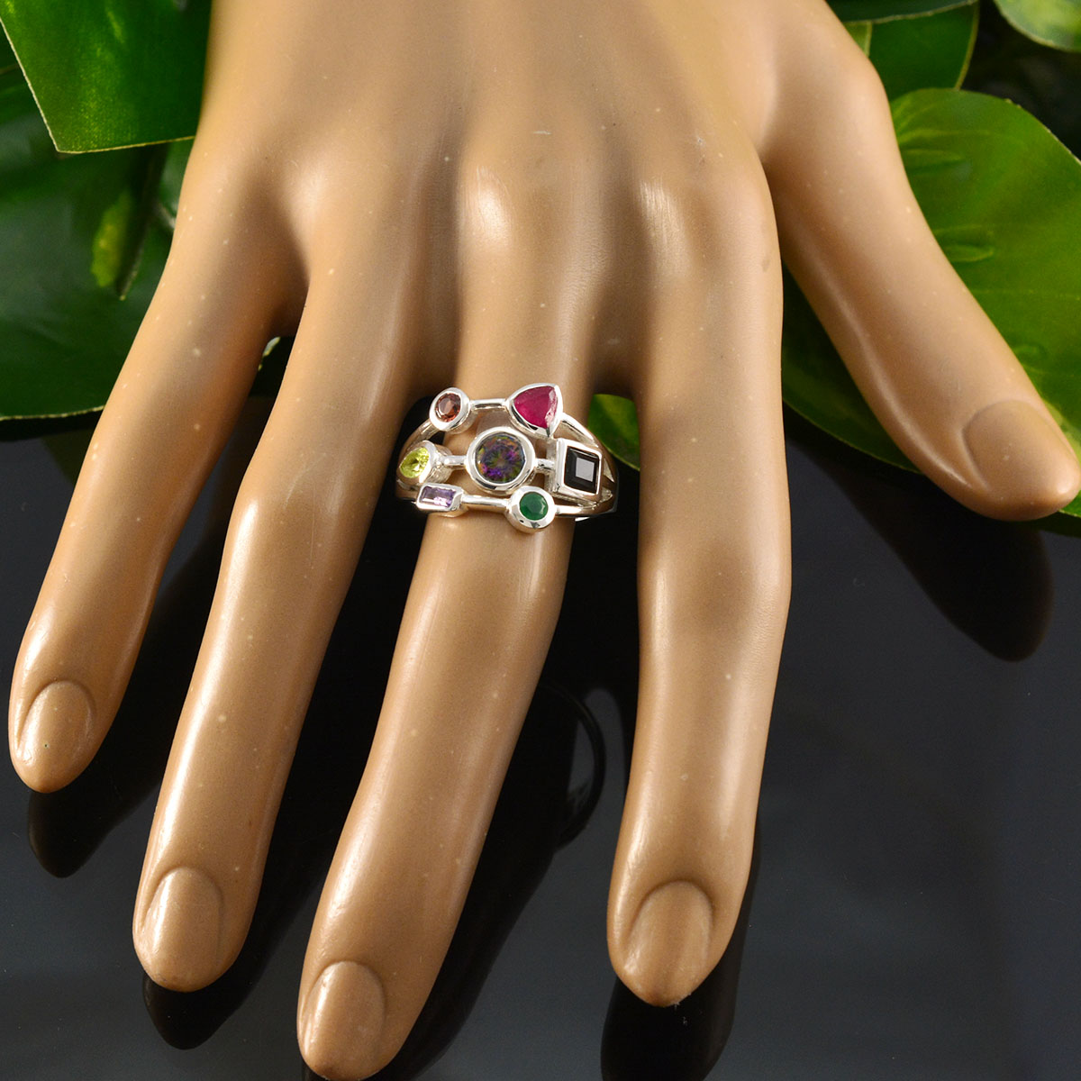 Multi Stone Hepta Moroccan 925 Silver multicolor Gemstones Featherlight Cocktail Ring Jewelry