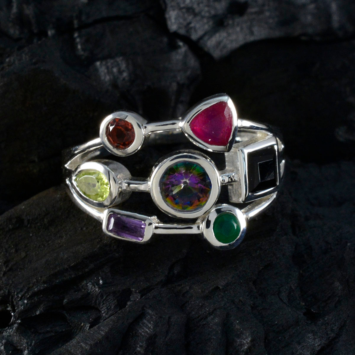 Multi Stone Hepta Moroccan 925 Silver multicolor Gemstones Featherlight Cocktail Ring Jewelry
