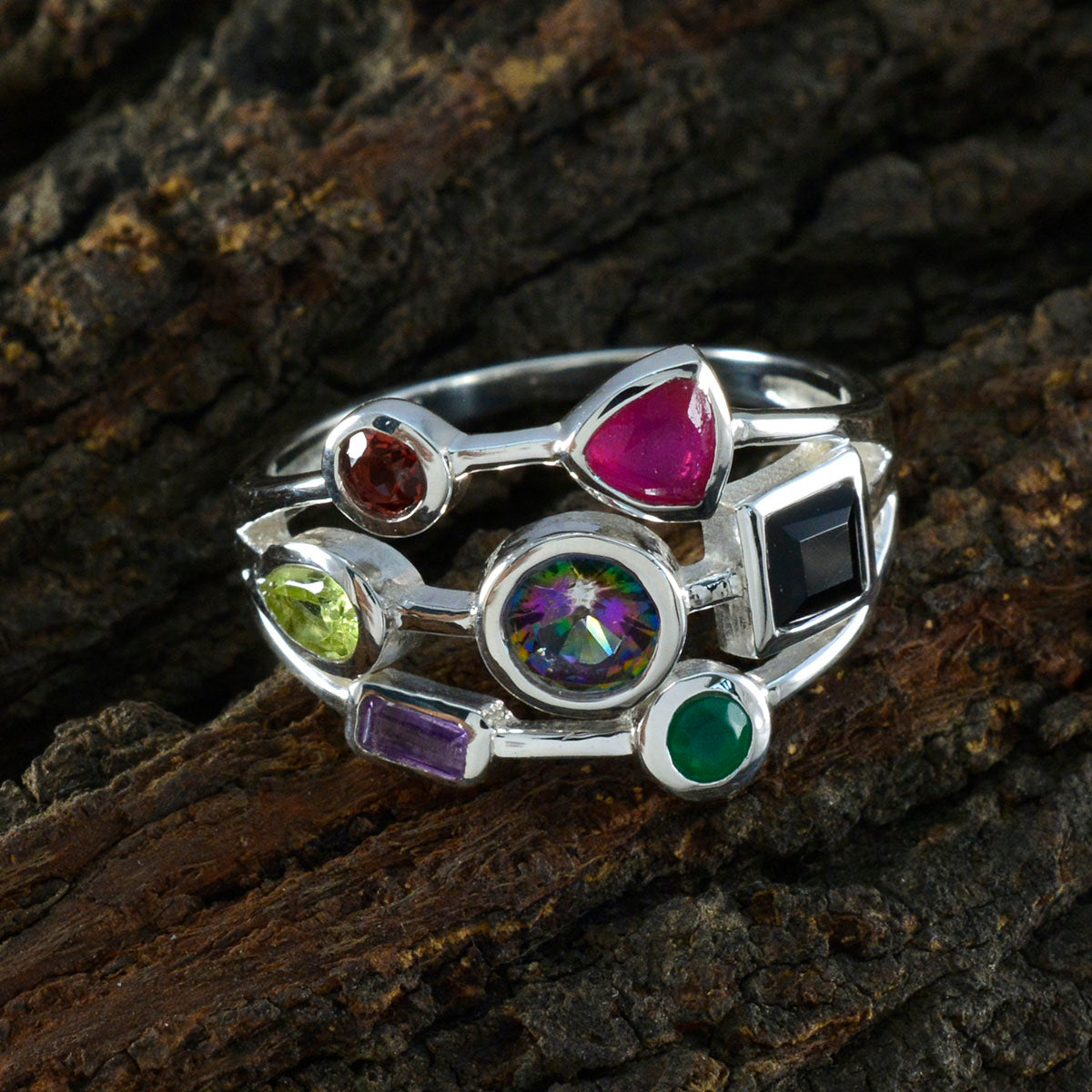 Multi Stone Hepta Moroccan 925 Silver multicolor Gemstones Featherlight Cocktail Ring Jewelry