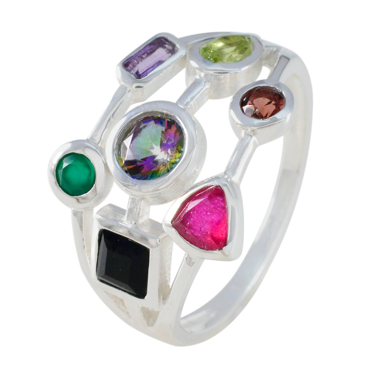 Multi Stone Hepta Moroccan 925 Silver multicolor Gemstones Featherlight Cocktail Ring Jewelry