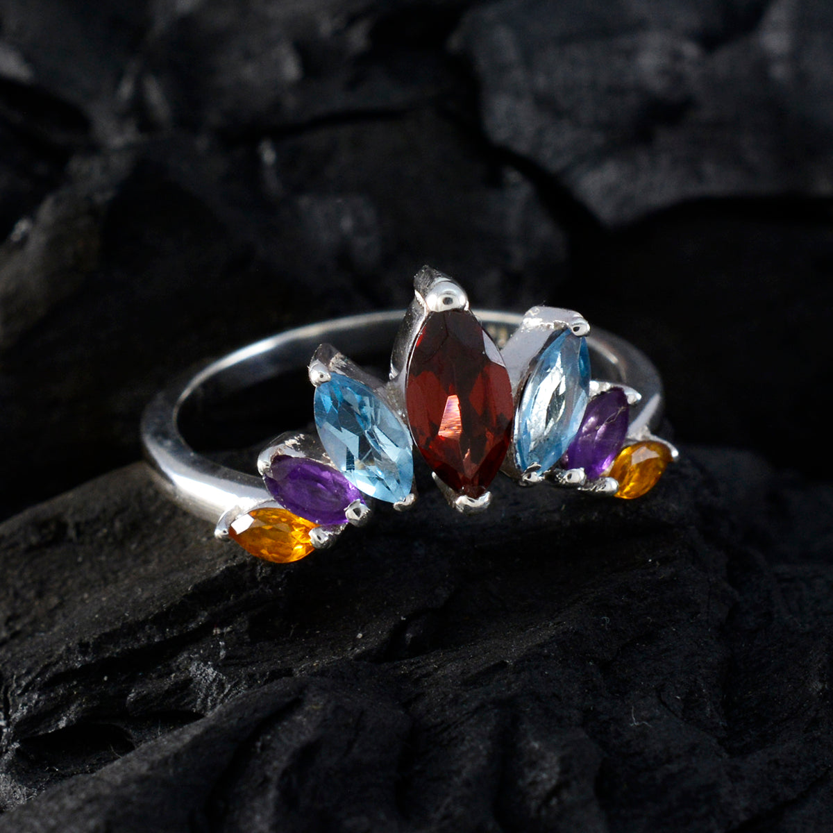 Multi Stone Hepta Turkish Silver multicolor Gemstone Dainty crown Ring Jewellery