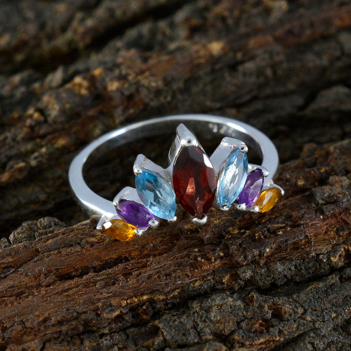 Multi Stone Hepta Turkish Silver multicolor Gemstone Dainty crown Ring Jewellery