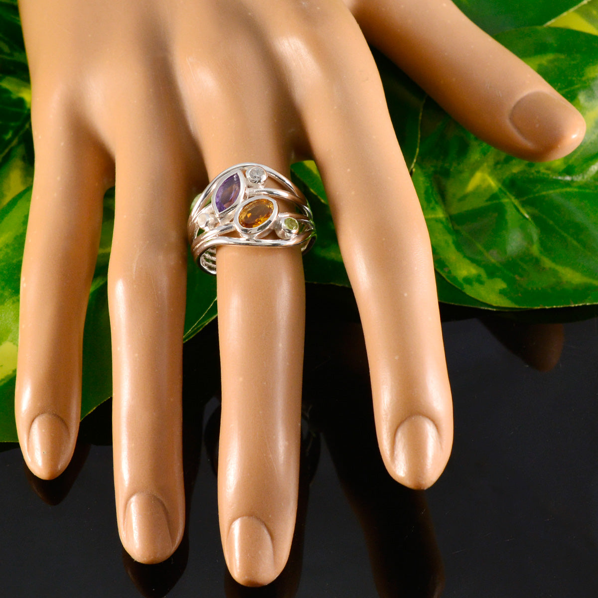 Multi Stone Penta French 925 Silver multicolor Gemstones Eye catching Modern Ring Jewellery