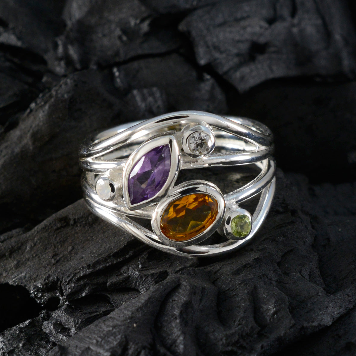 Multi Stone Penta French 925 Silver multicolor Gemstones Eye catching Modern Ring Jewellery