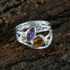 Multi Stone Penta French 925 Silver multicolor Gemstones Eye catching Modern Ring Jewellery