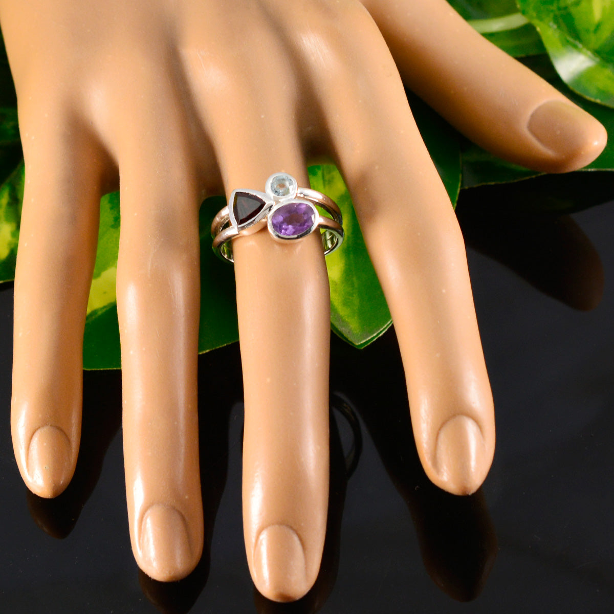 Multi Stone Trilogy German 92.5 Silver multicolor Gems Minimal Artisan Ring Jewelry