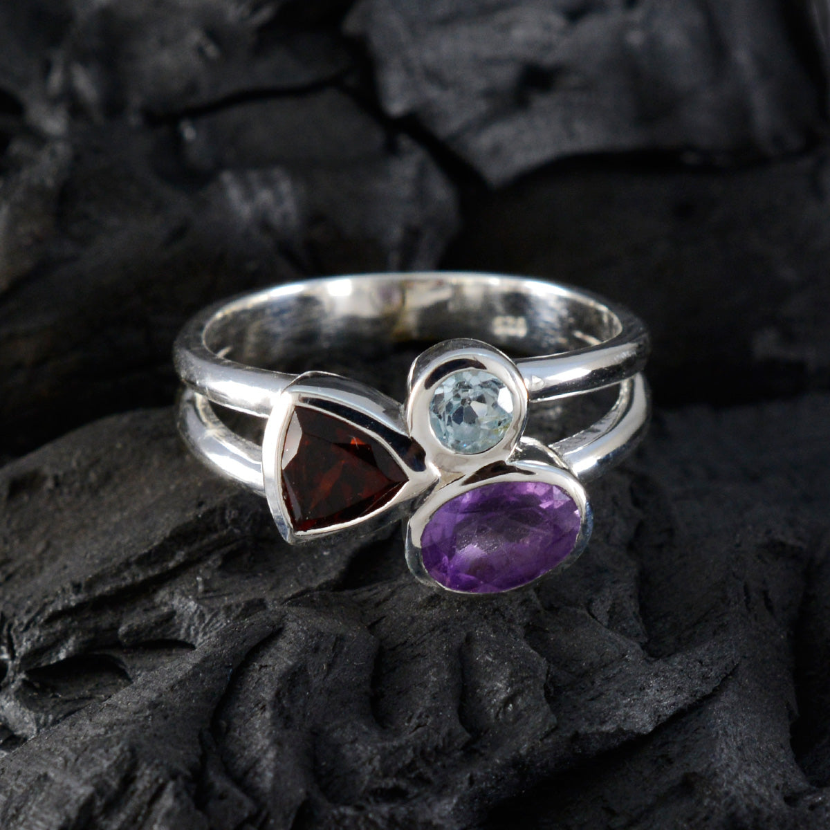 Multi Stone Trilogy German 92.5 Silver multicolor Gems Minimal Artisan Ring Jewelry