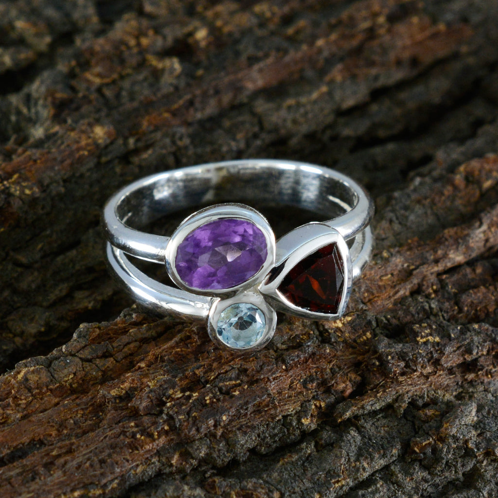 Multi Stone Trilogy German 92.5 Silver multicolor Gems Minimal Artisan Ring Jewelry