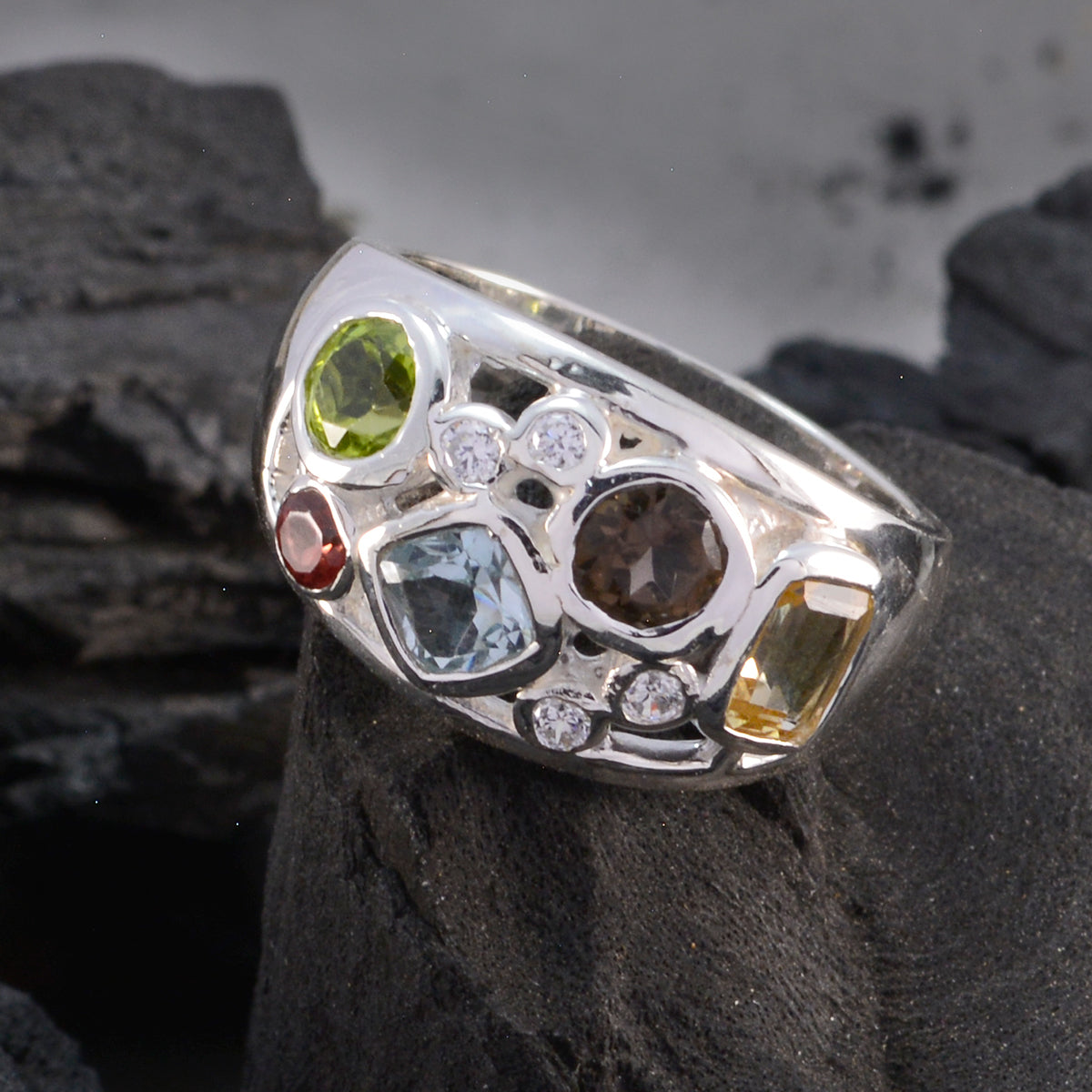 Multi Stone quarter French 92.5 Silver multicolor Gemstones Eye catching Contemporary Ring Jewellery