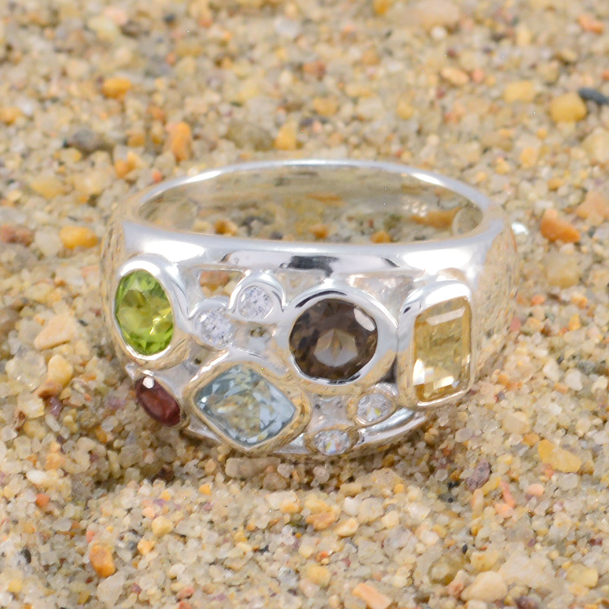 Multi Stone quarter French 92.5 Silver multicolor Gemstones Eye catching Contemporary Ring Jewellery