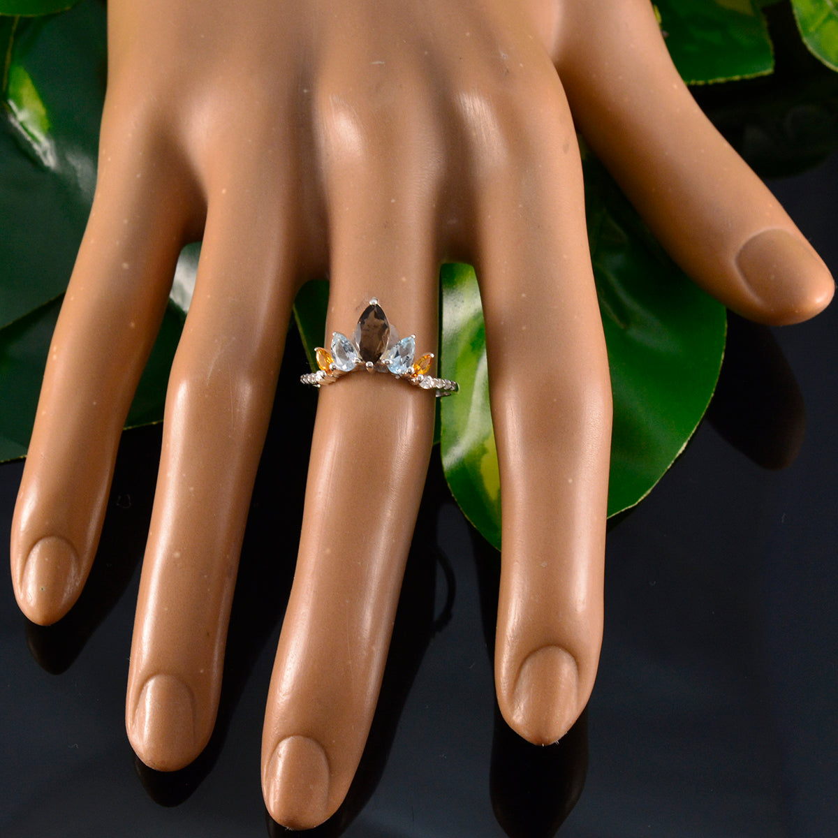 Multi Stone Penta Japanese Silver multicolor Gemstones Elegant  crown Ring Jewellery