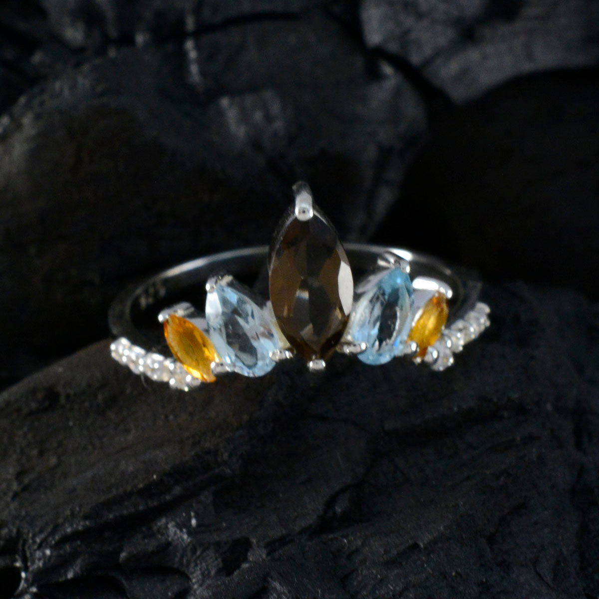 Multi Stone Penta Japanese Silver multicolor Gemstones Elegant  crown Ring Jewellery