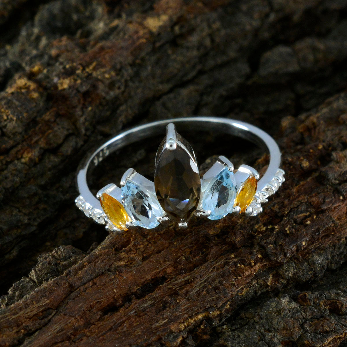 Multi Stone Penta Japanese Silver multicolor Gemstones Elegant  crown Ring Jewellery