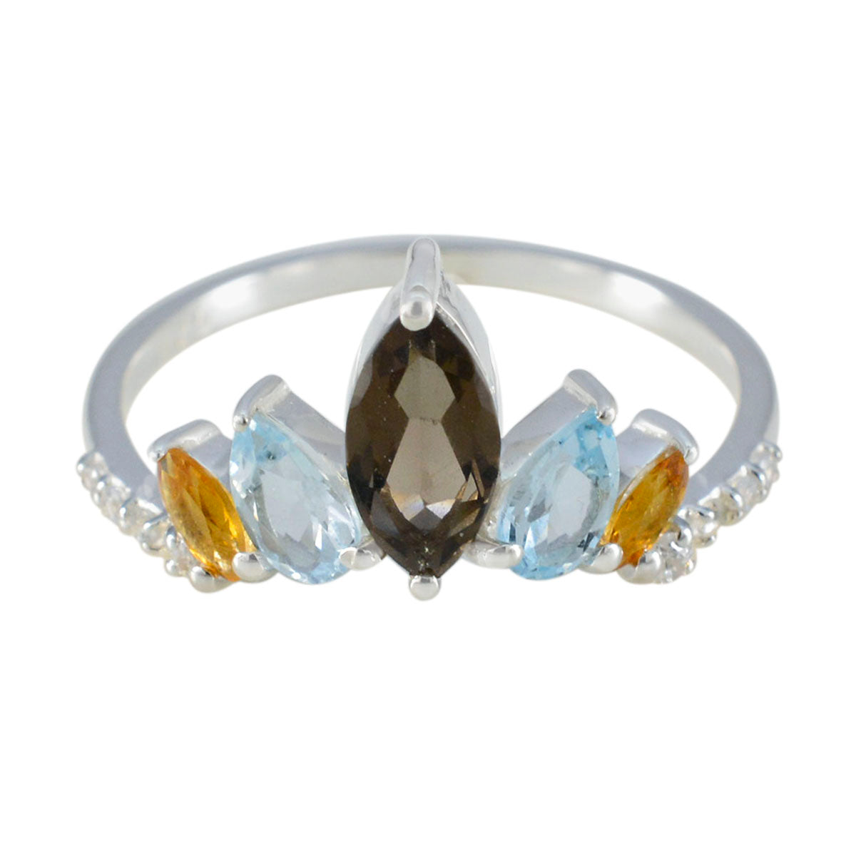 Multi Stone Penta Japanese Silver multicolor Gemstones Elegant  crown Ring Jewellery