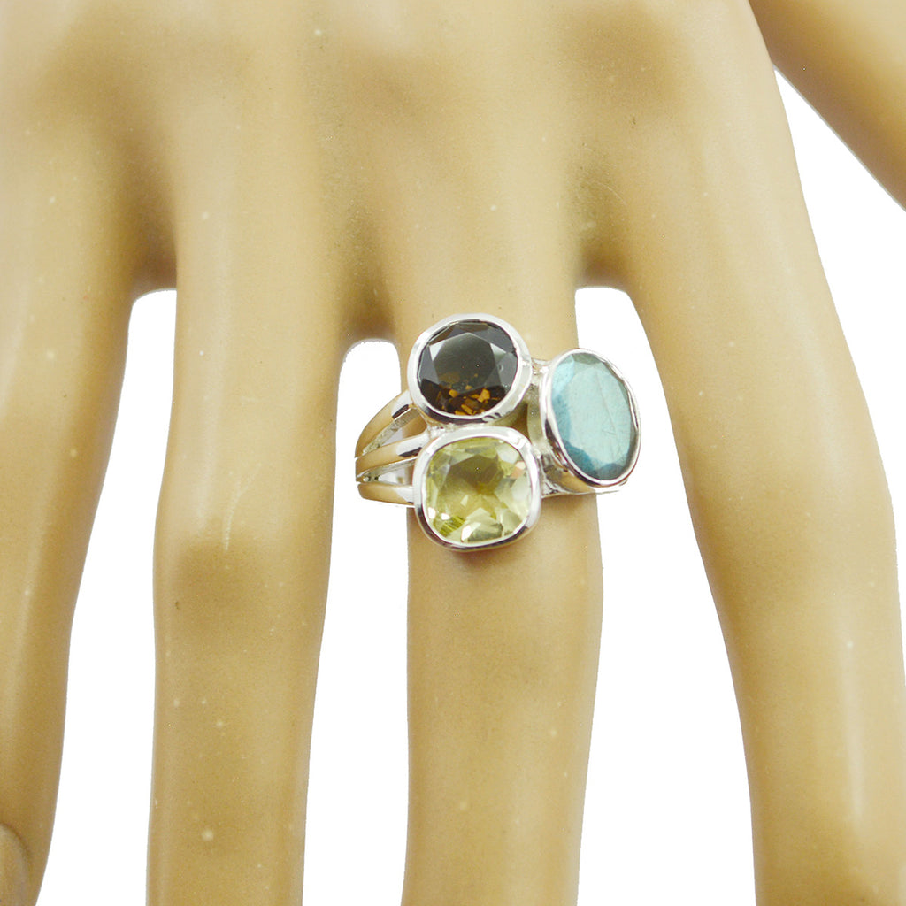 Multi Stone Trilogy Indian 92.5 Silver multicolor Gems Mid weight Cocktail Ring Jewelry
