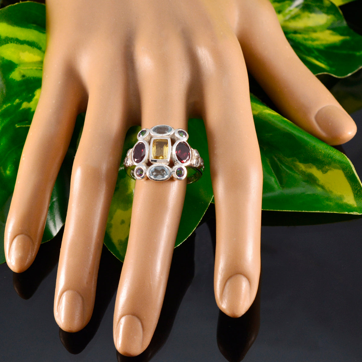 Multi Stone Navratna Moroccan 925 Silver multicolor Gemstone Classic Cocktail Ring Jewelry