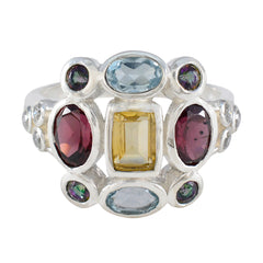 Multi Stone Navratna Moroccan 925 Silver multicolor Gemstone Classic Cocktail Ring Jewelry