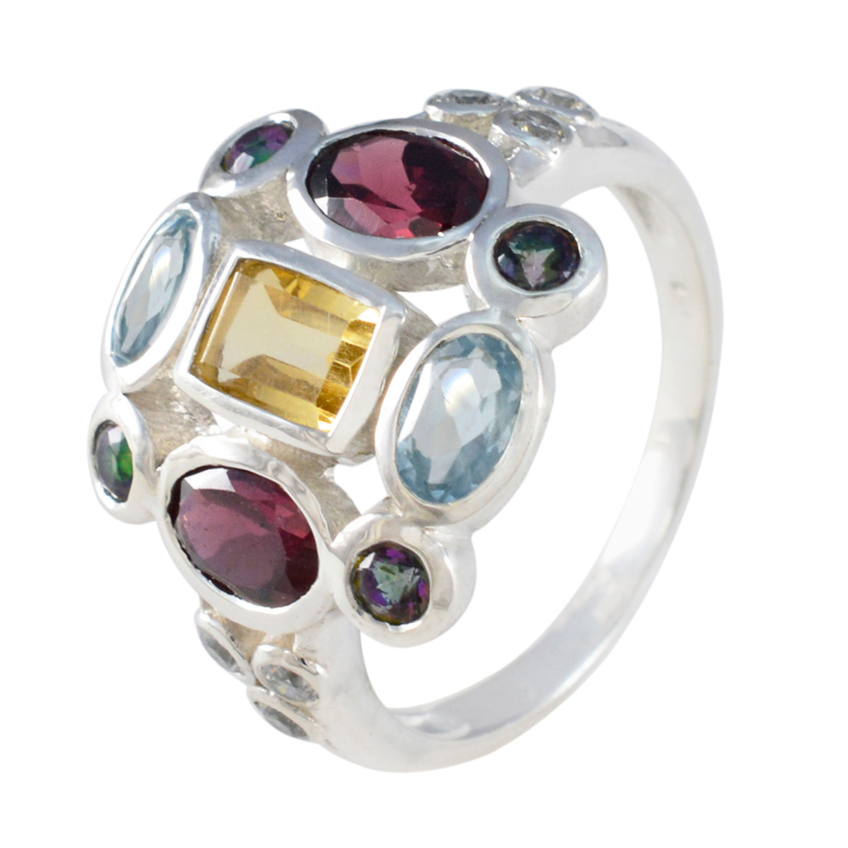 Multi Stone Navratna Moroccan 925 Silver multicolor Gemstone Classic Cocktail Ring Jewelry